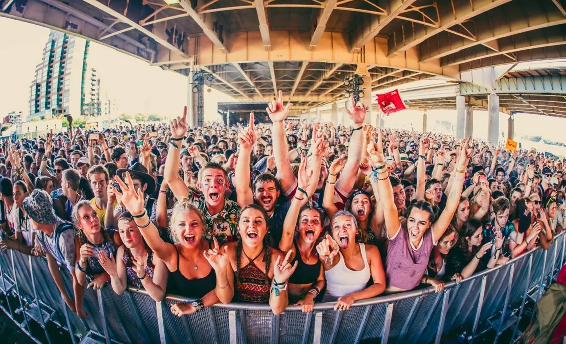 Ecstatic festival crowd cheering at the front barricade under a bridge