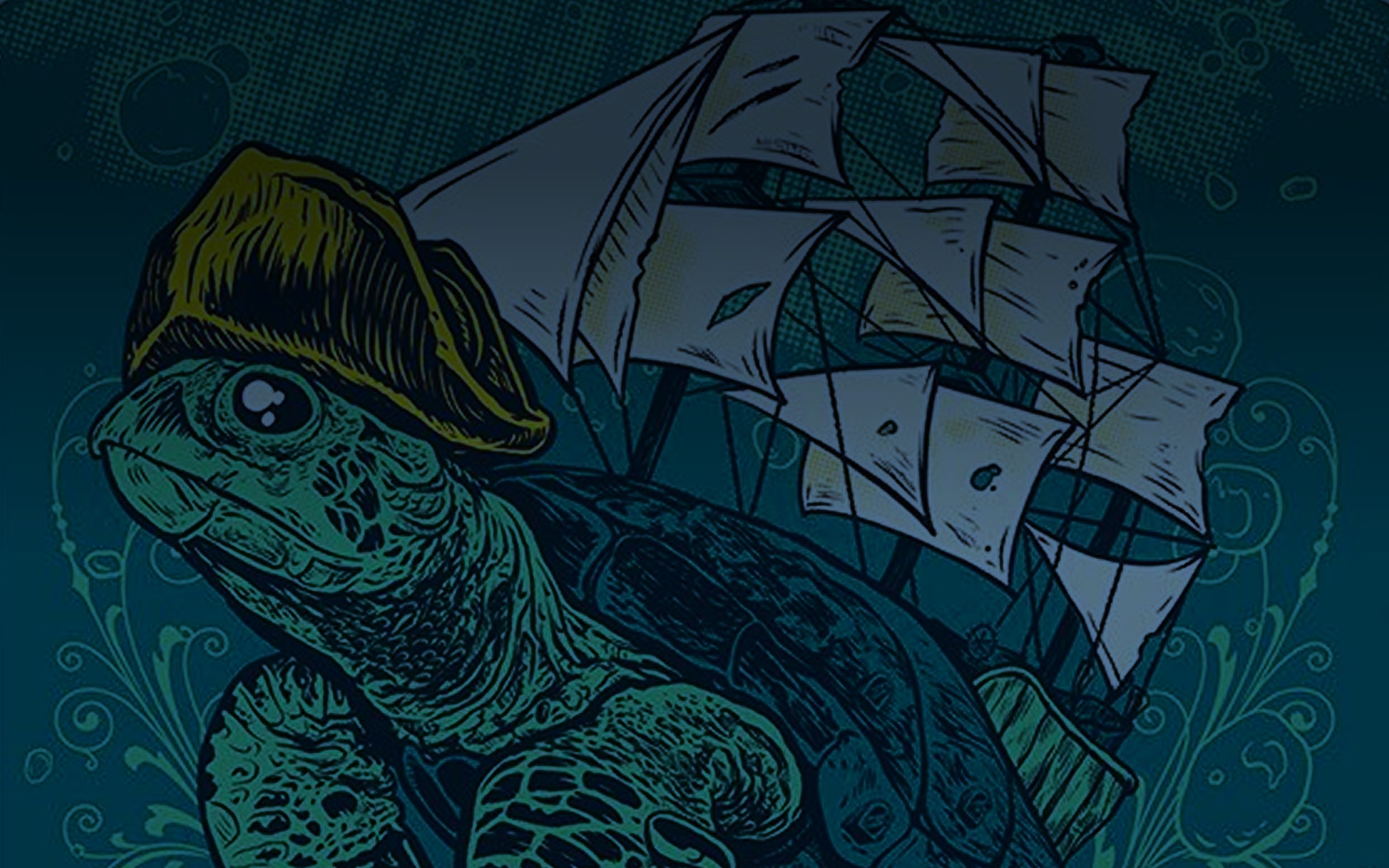 Screen-print illustration of a sea turtle in a captain's hat with a tall sailing ship — festival marketing hero artwork