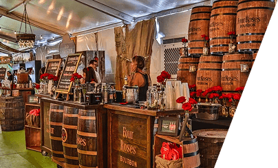 Bourbon barrel bar interior set up for a festival