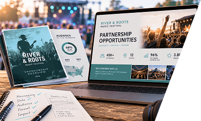 Laptop showing a River & Roots festival partnership deck beside a printed sponsorship overview booklet and planning notes