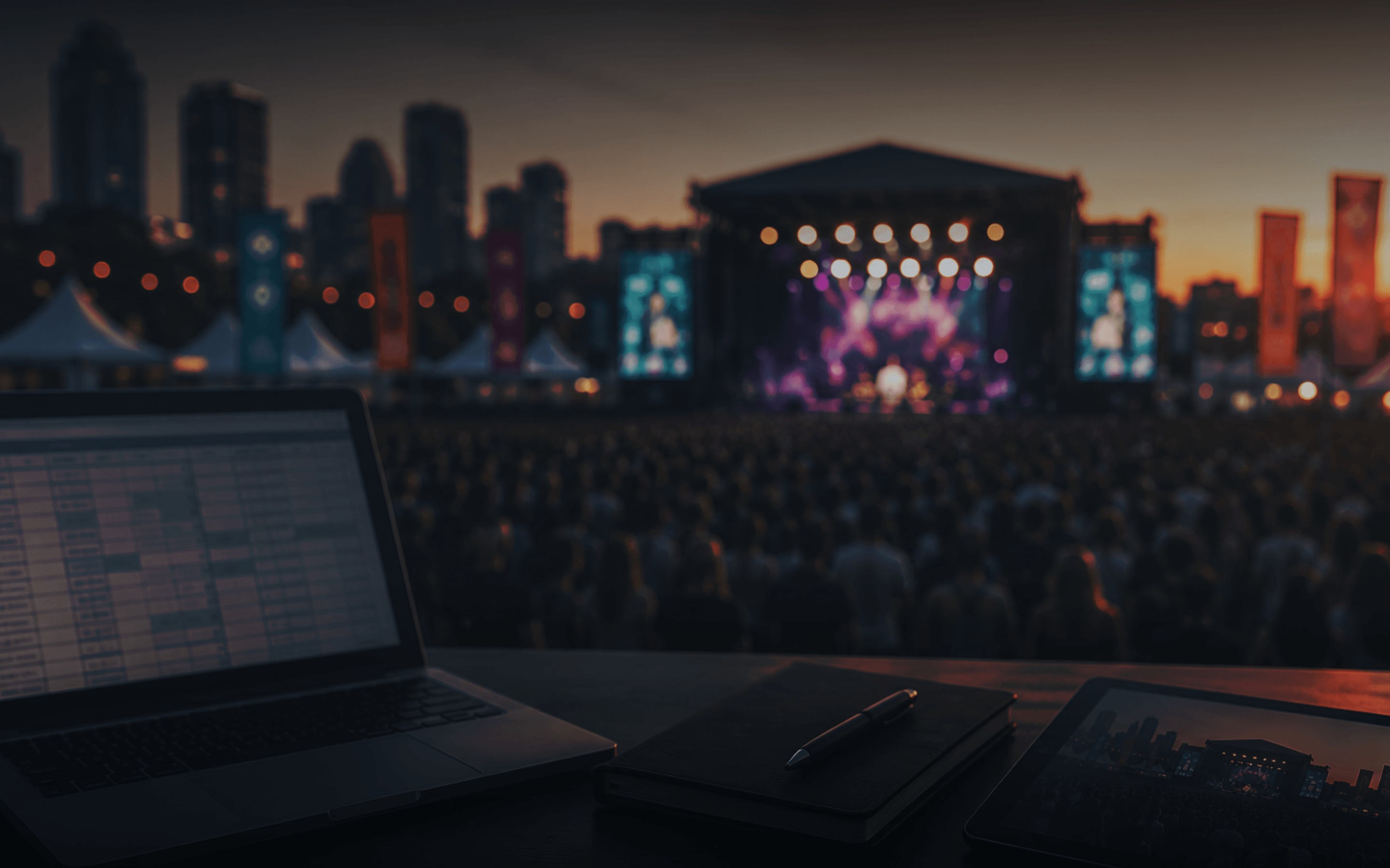 Laptop with a sponsorship spreadsheet and a tablet on a desk overlooking a festival crowd and stage at dusk with a city skyline behind